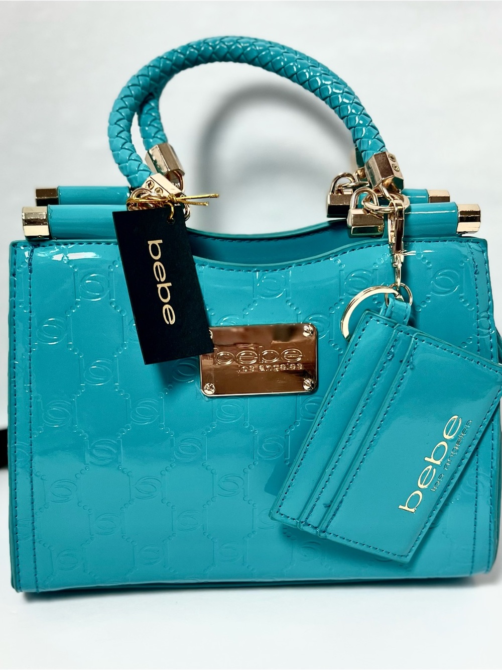bebe Turquoise Patent Mini Satchel with Card Holder and Gold Hardware